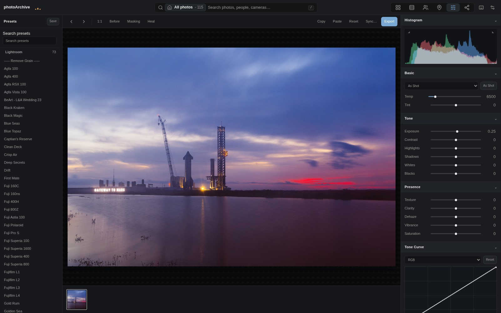 photoArchive Develop workspace with a large preview, adjustment panels, history, and editing controls.