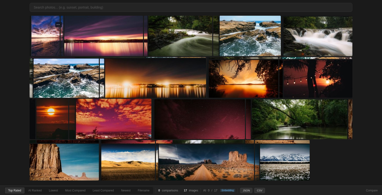 April 2026 photoArchive Library interface with search, a mosaic grid, ranking modes, and AI indexing status.