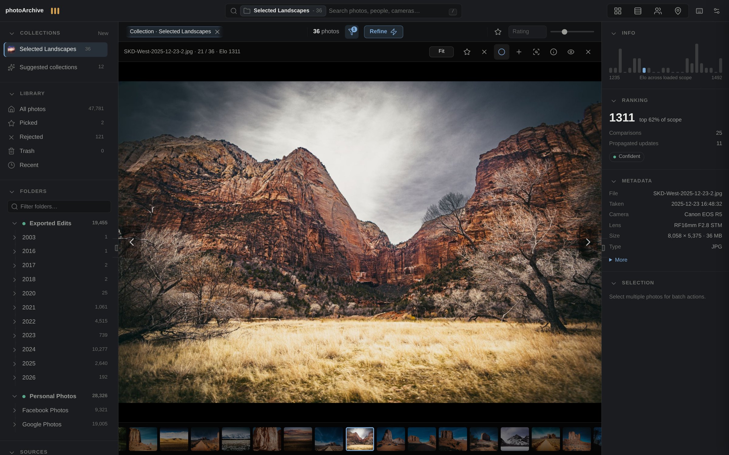 photoArchive loupe review UI with a large preview, filmstrip, metadata, and ranking panels.