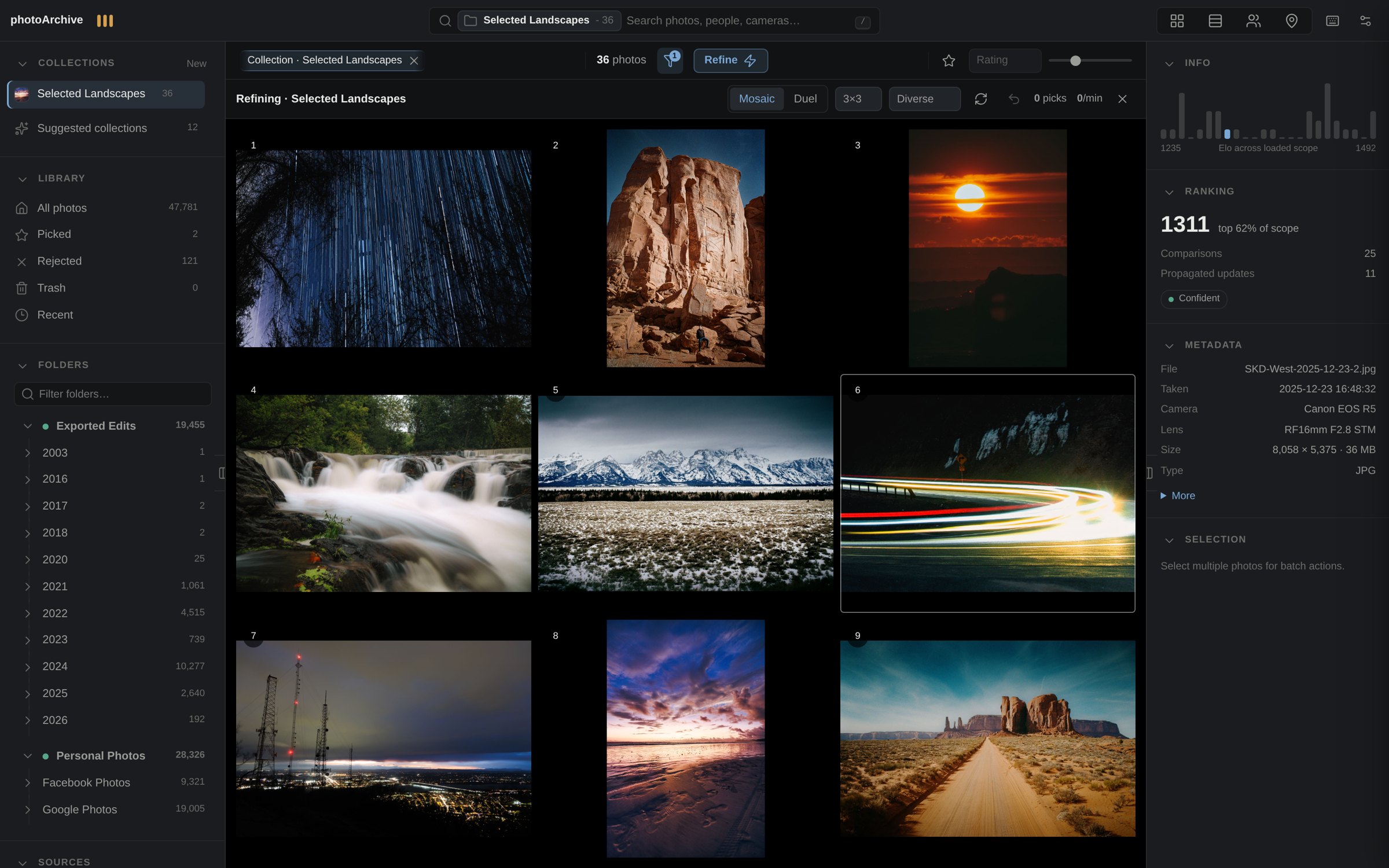 photoArchive Refine mosaic showing multiple candidate photos for visual ranking.